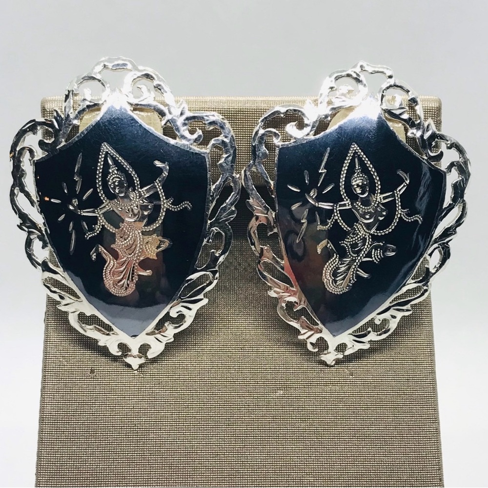 SIAM NIELLO Vintage Sterling Silver Dancing Goddess Ornate Clip On Earrings